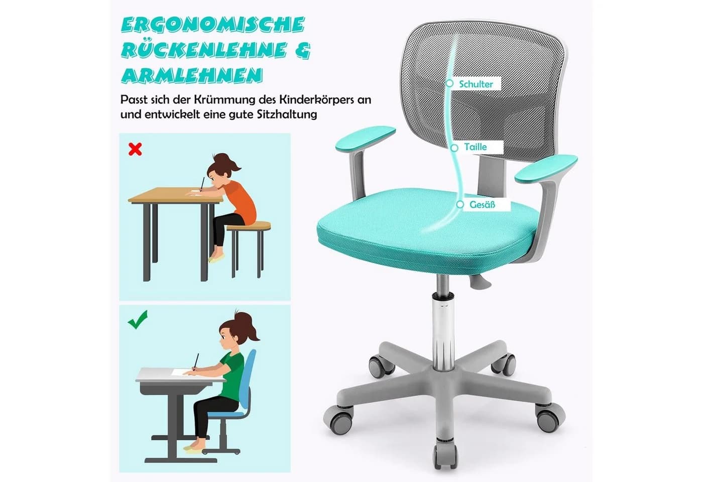 COSTWAY Drehstuhl Kinder Schreibtischstuhl, höhenverstellbar, Smaragdgrün - Bild 4