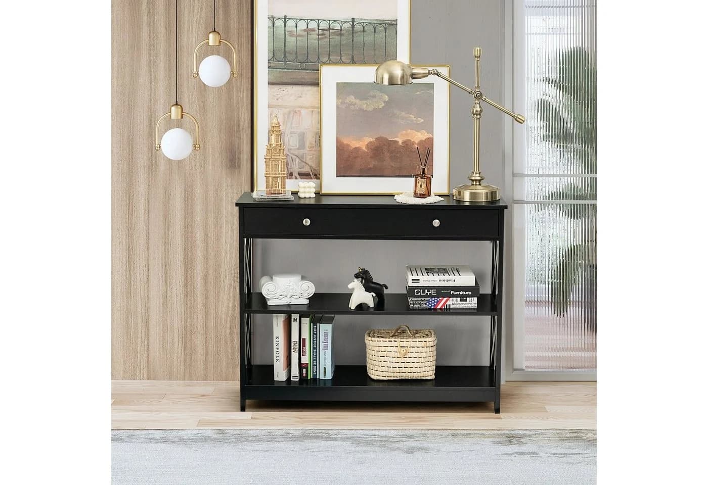 COSTWAY Konsolentisch 3 Ebenen mit Schublade Holz
