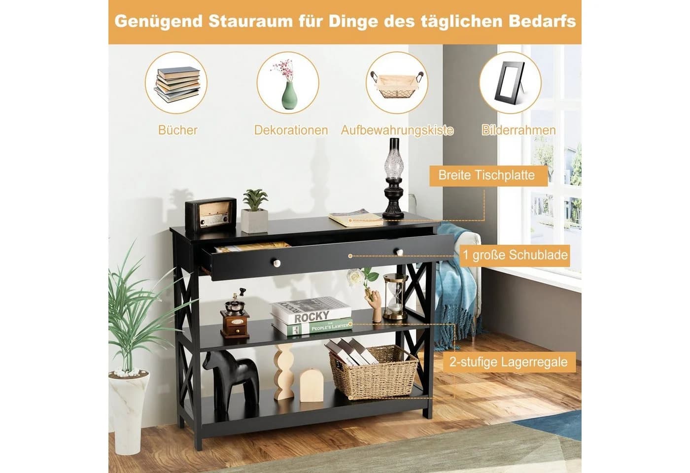 COSTWAY Konsolentisch 3 Ebenen mit Schublade Holz - Bild 3