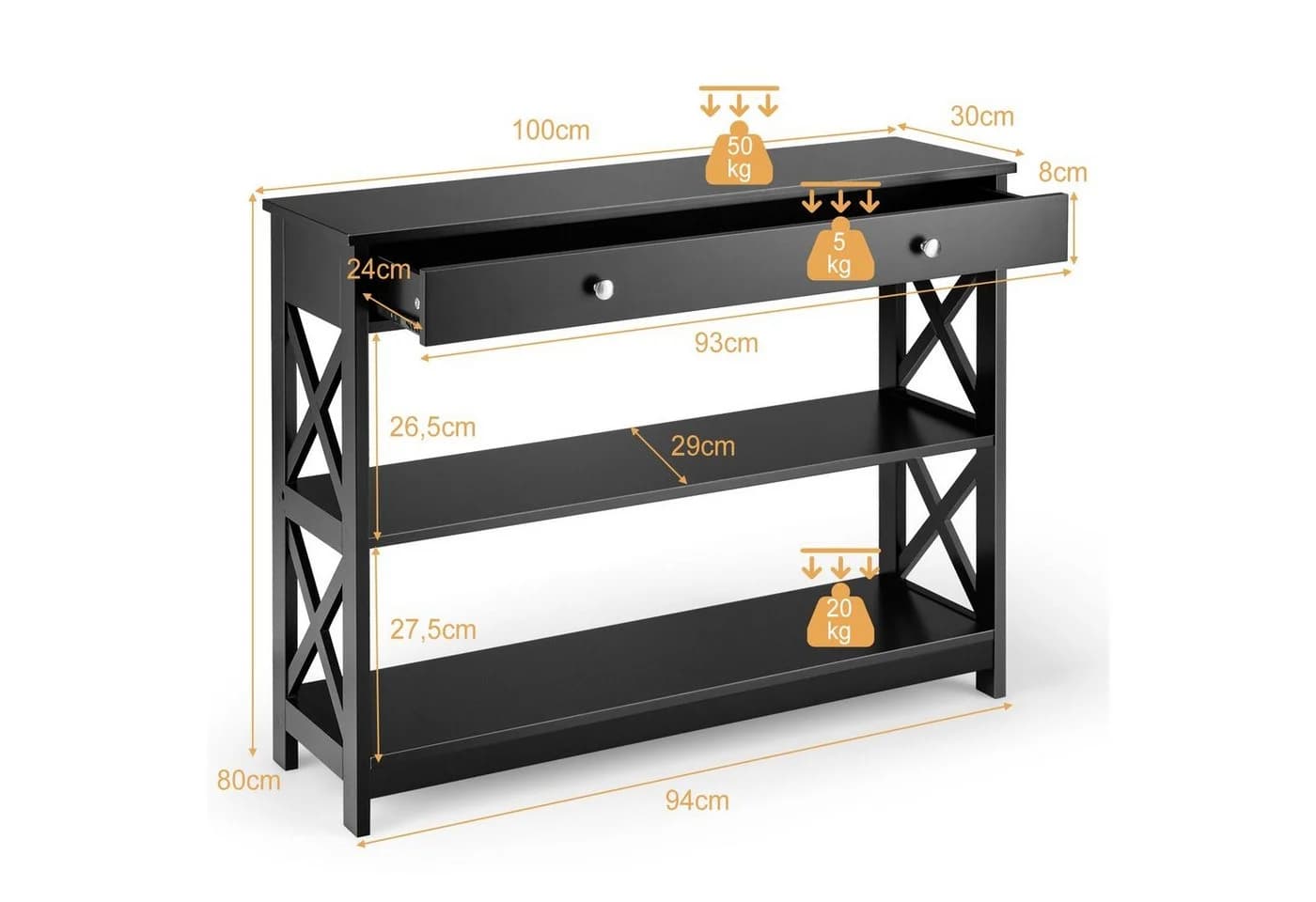 COSTWAY Konsolentisch 3 Ebenen mit Schublade Holz - Bild 5