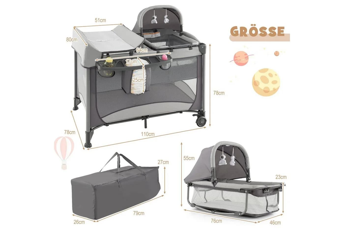 COSTWAY Baby-Reisebett mit Matratze & Wickeltisch 110 x 78 x 78 cm - Bild 5