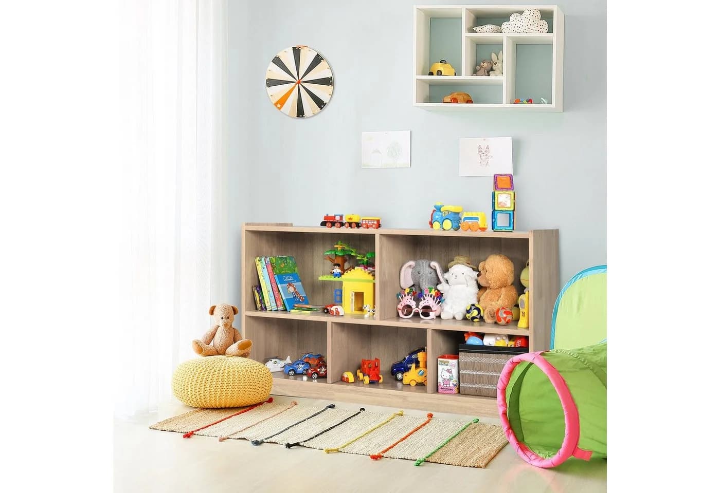COSTWAY Bücherregal, Spielzeugschrank, 2 große Fächer & 3 kleine Fächer Beige