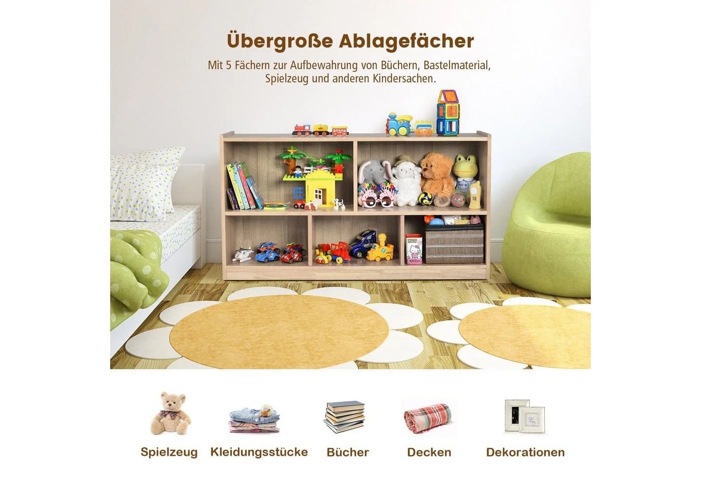 COSTWAY Bücherregal, Spielzeugschrank, 2 große Fächer & 3 kleine Fächer Beige - Bild 3