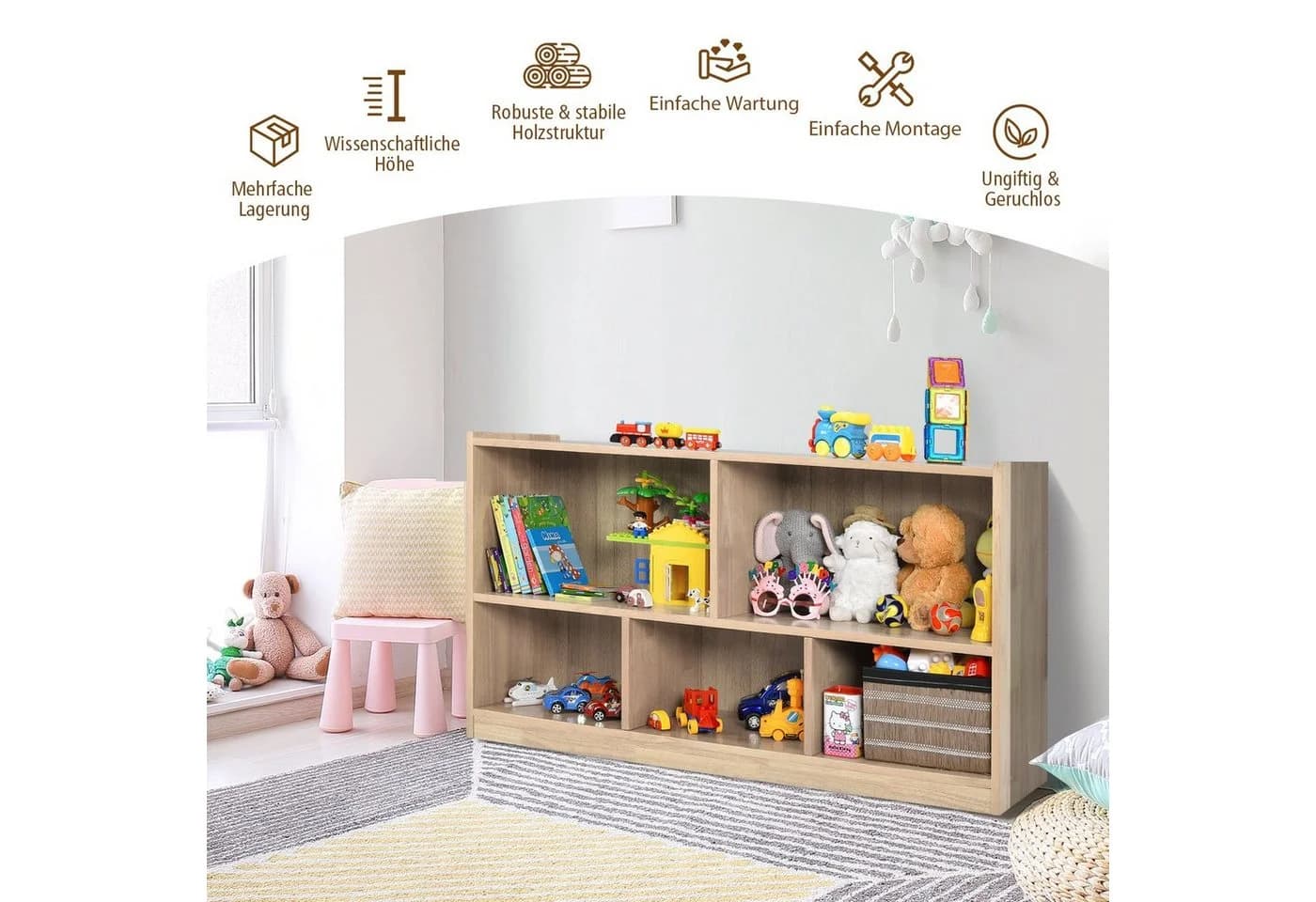 COSTWAY Bücherregal, Spielzeugschrank, 2 große Fächer & 3 kleine Fächer Beige - Bild 4