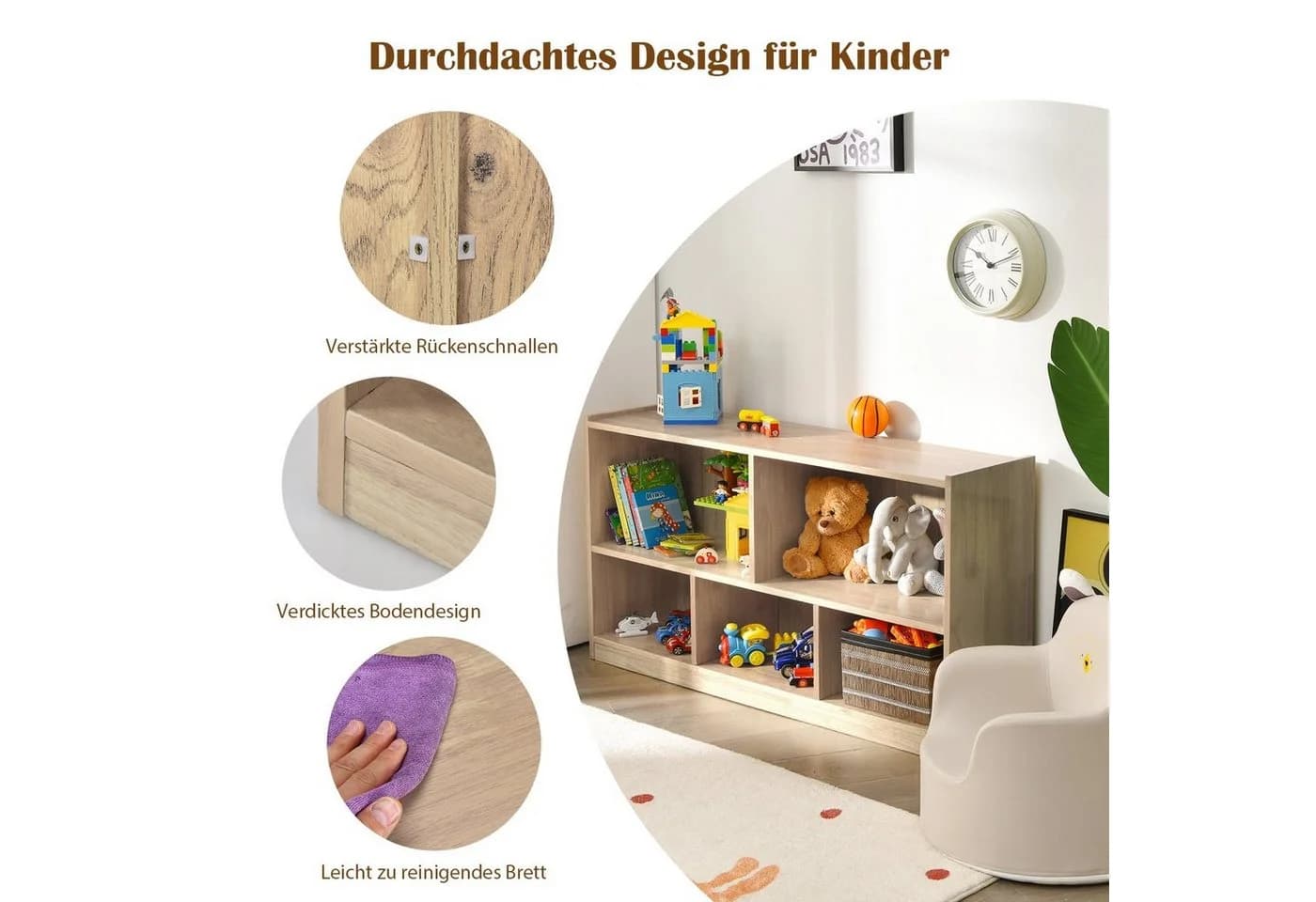 COSTWAY Bücherregal, Spielzeugschrank, 2 große Fächer & 3 kleine Fächer Beige - Bild 5