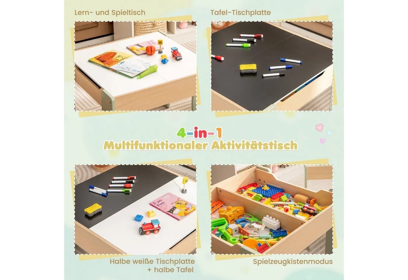 COSTWAY Kindertisch 3tlg. mit 2 Stühlen Grün MDF