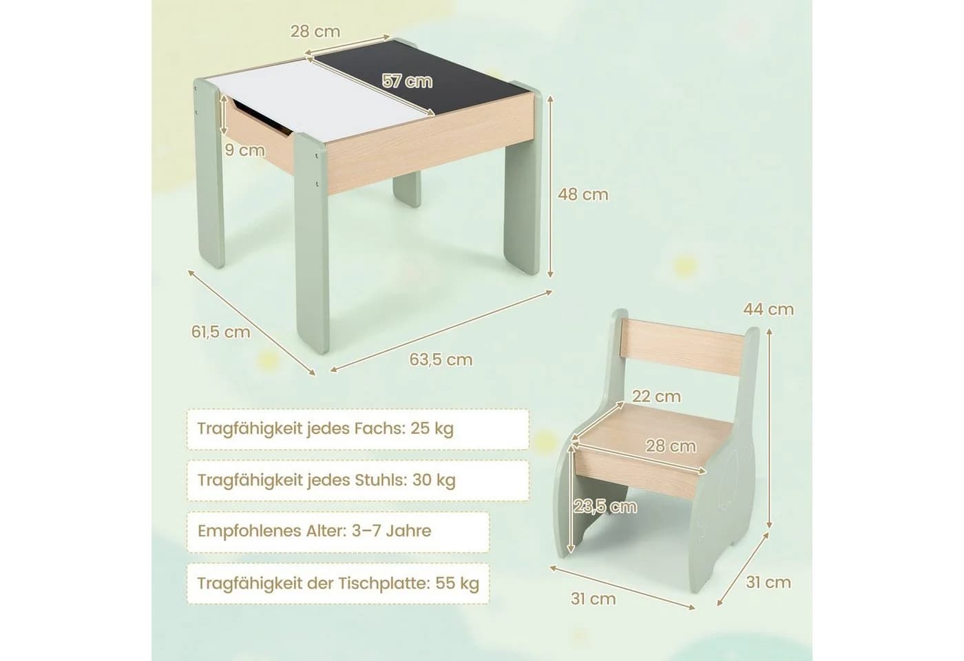 COSTWAY Kindertisch 3tlg. mit 2 Stühlen Grün MDF - Bild 3