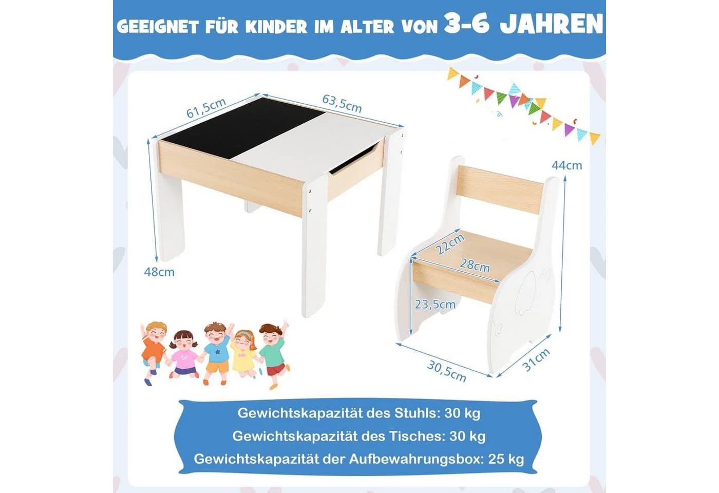 COSTWAY Kindersitzgruppe 3tlg. Kindertisch weiß mit 2 Stühlen - Bild 5