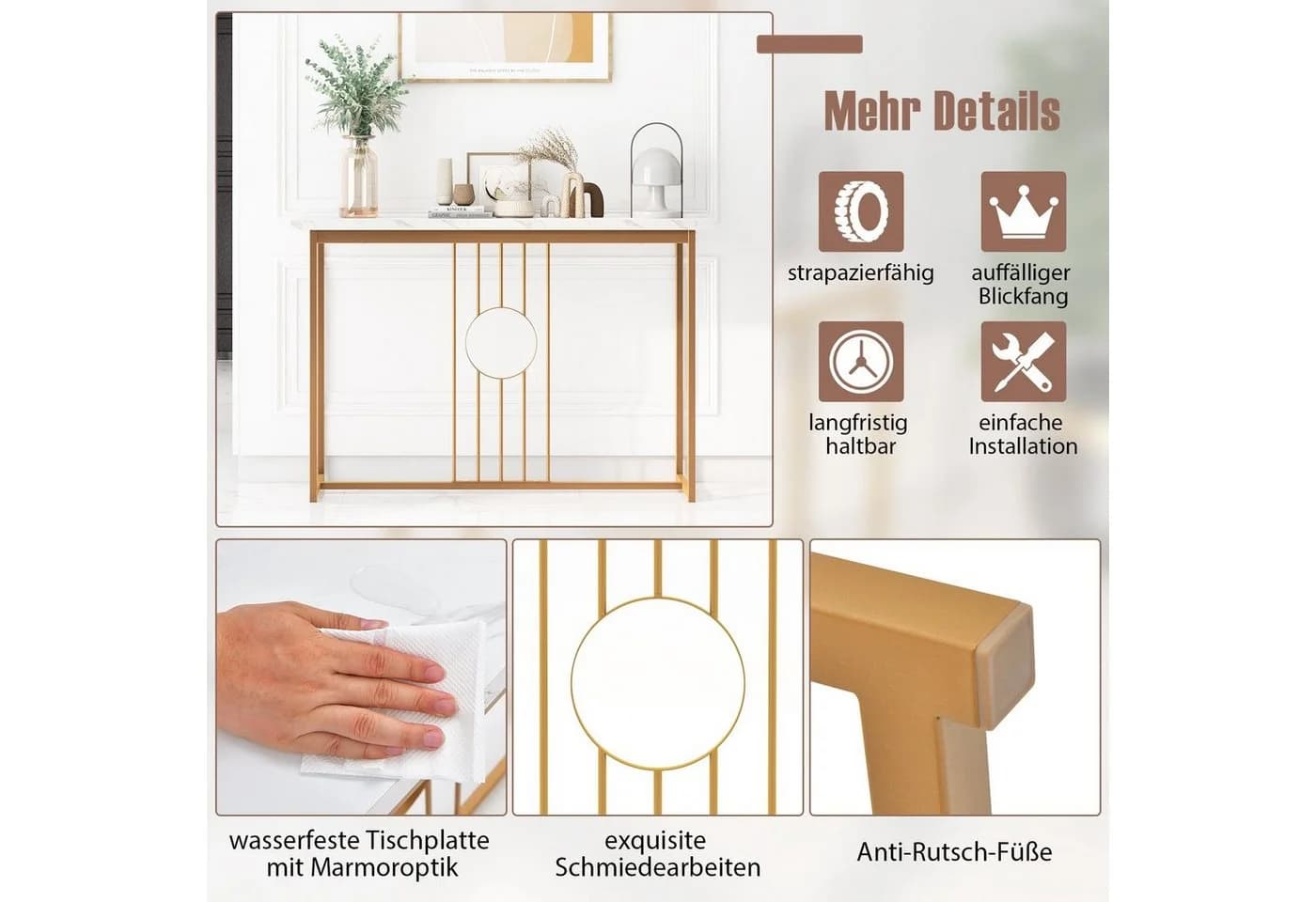 COSTWAY Konsolentisch Marmor Gold Metallgestell 120x30x80,5cm - Bild 4