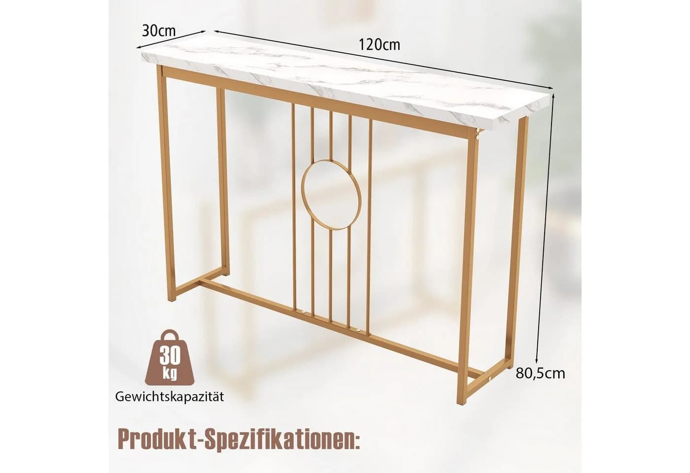 COSTWAY Konsolentisch Marmor Gold Metallgestell 120x30x80,5cm - Bild 5