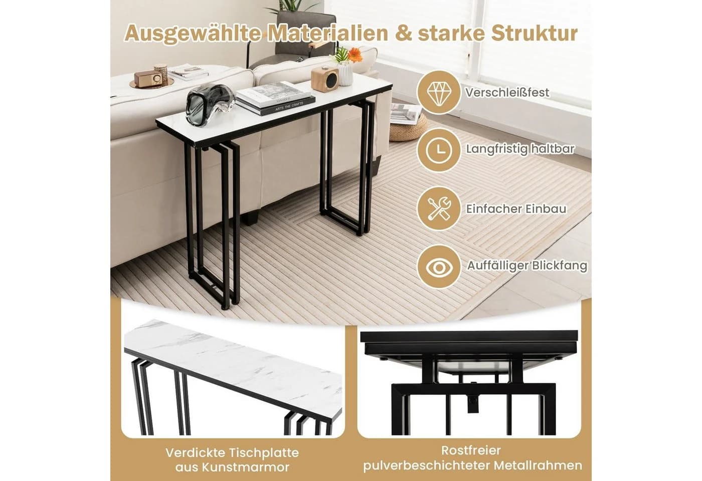COSTWAY Konsolentisch, Kunstmarmor, Metallrahmen, 110x30x81cm, Schwarz - Bild 3