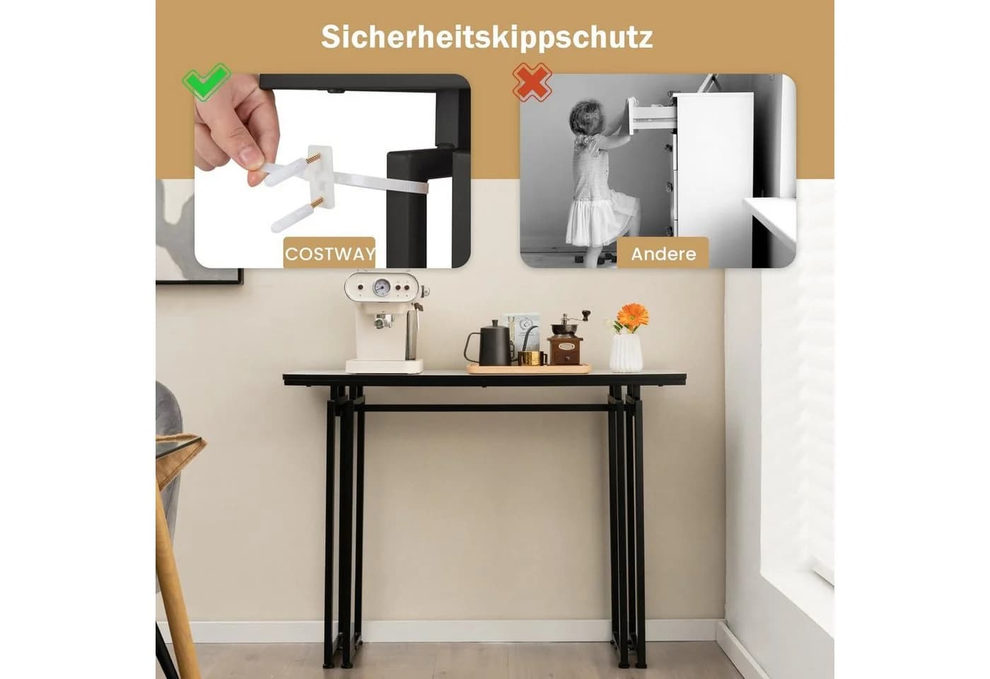 COSTWAY Konsolentisch, Kunstmarmor, Metallrahmen, 110x30x81cm, Schwarz - Bild 4
