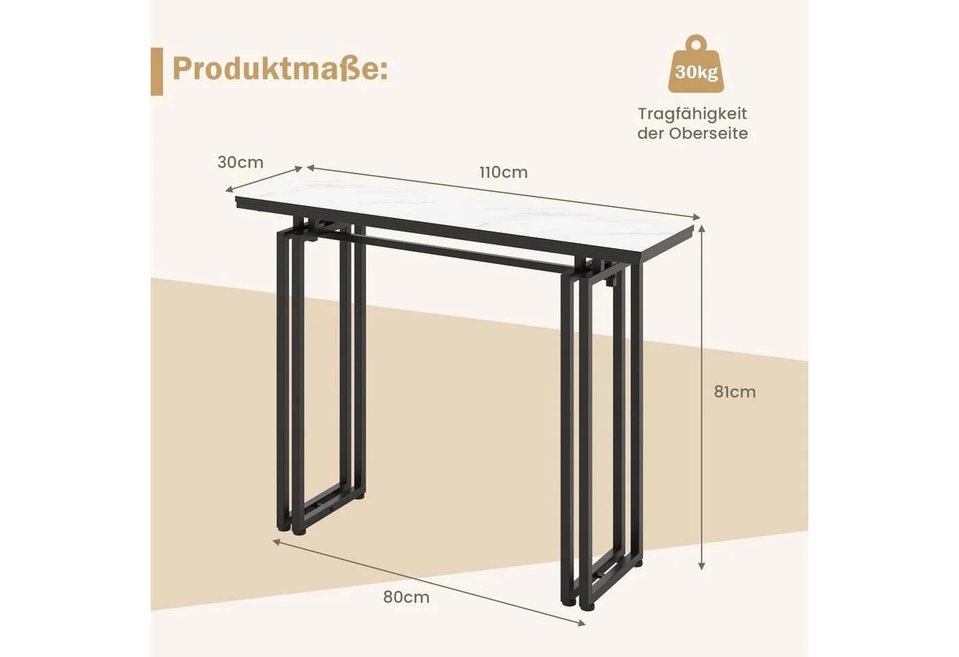 COSTWAY Konsolentisch, Kunstmarmor, Metallrahmen, 110x30x81cm, Schwarz - Bild 5