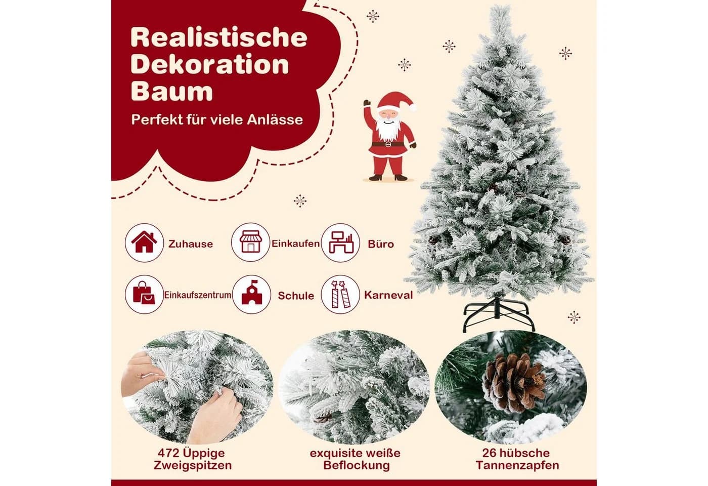COSTWAY Künstlicher Weihnachtsbaum 136 cm mit Schnee 472 Zweigspitzen - Bild 3