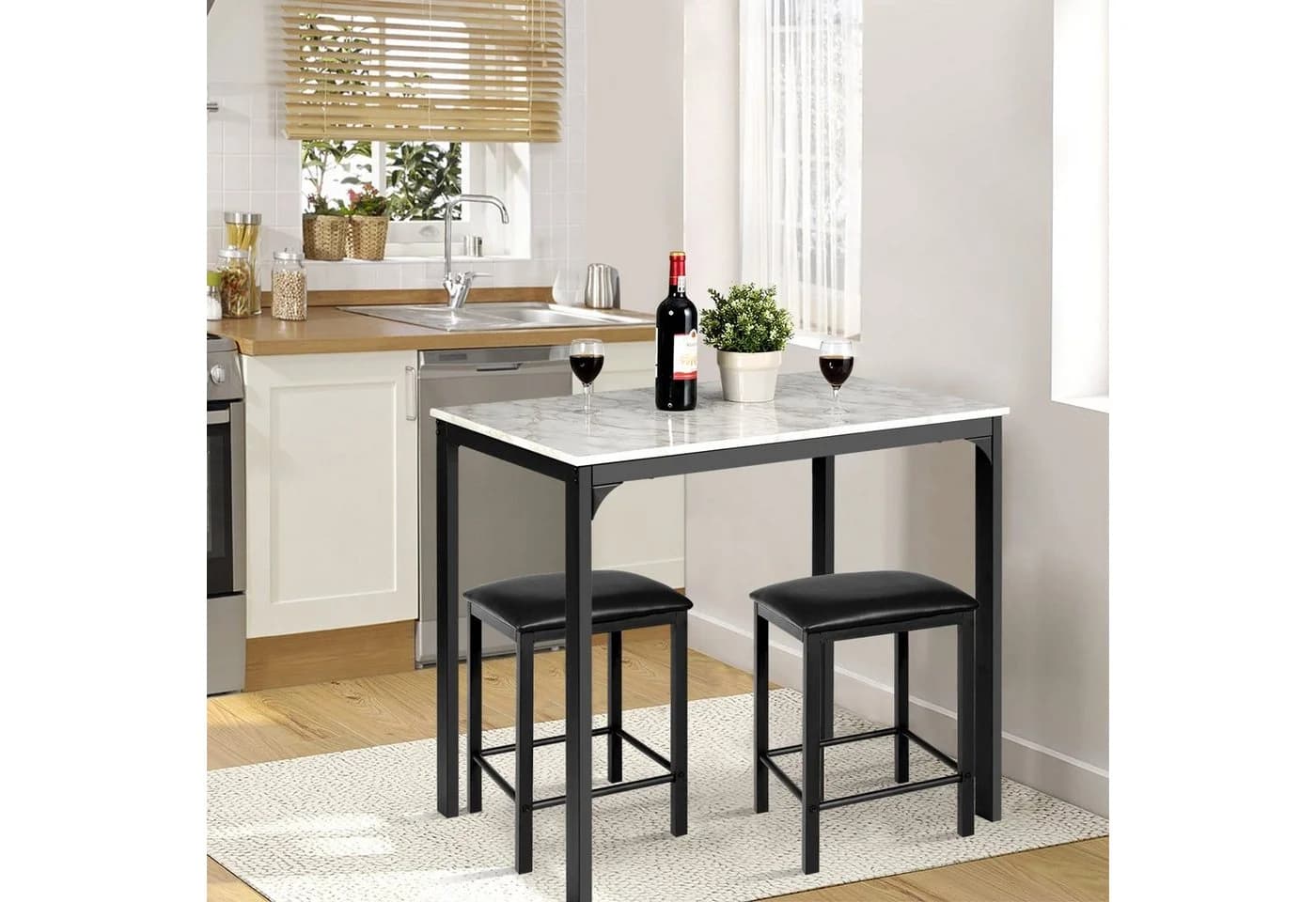 COSTWAY Essgruppe 3-teilig Weiß/Schwarz mit 2 Hockern