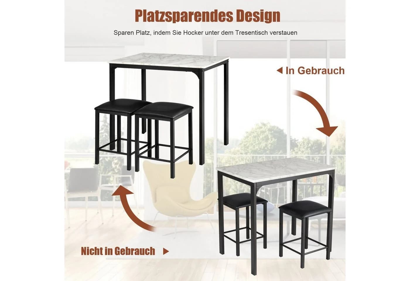 COSTWAY Essgruppe 3-teilig Weiß/Schwarz mit 2 Hockern - Bild 3