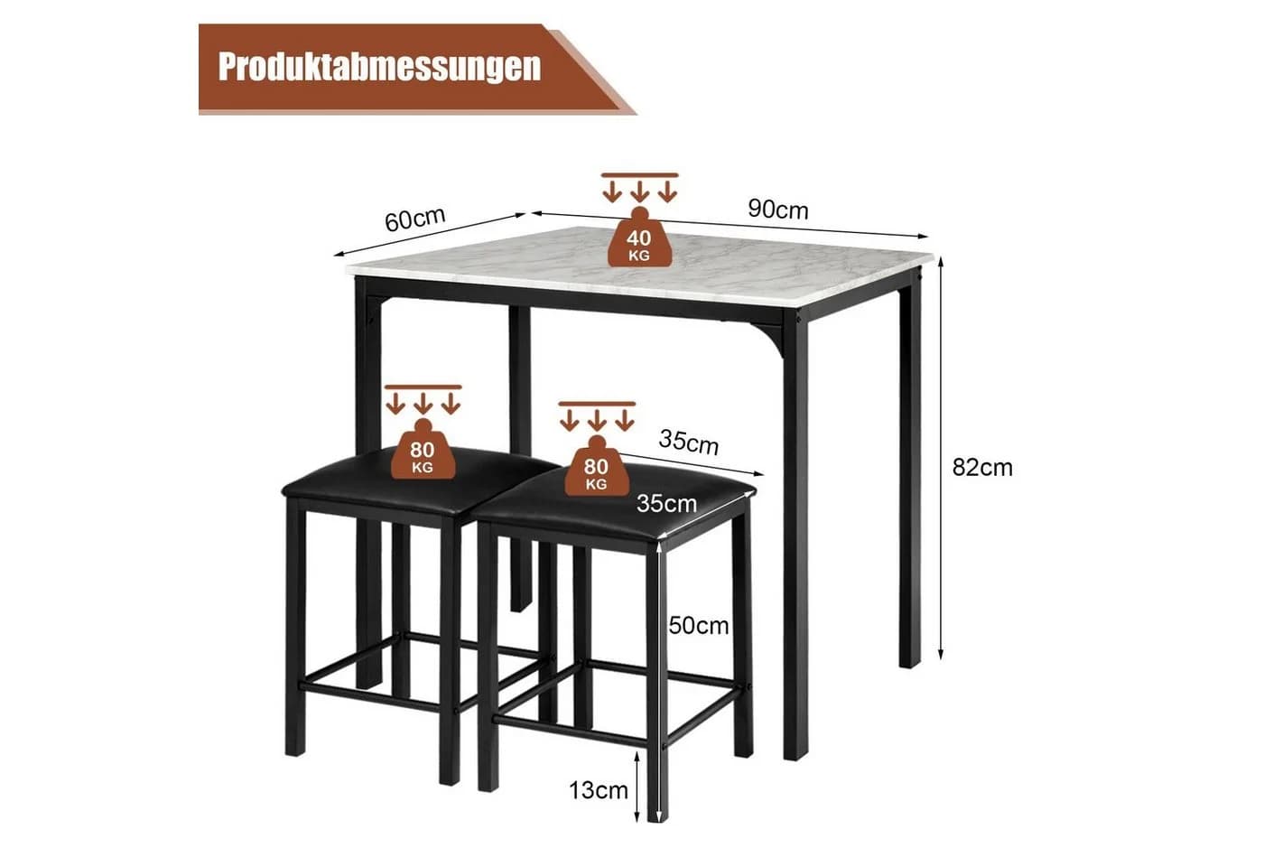 COSTWAY Essgruppe 3-teilig Weiß/Schwarz mit 2 Hockern - Bild 5