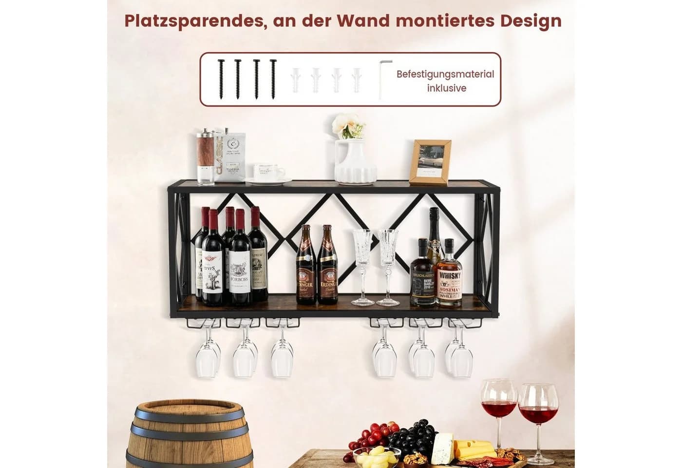 COSTWAY Weinregal Wand 2 Ebenen Metall 39 Flaschen 12 Gläser 100x25x45cm - Bild 3