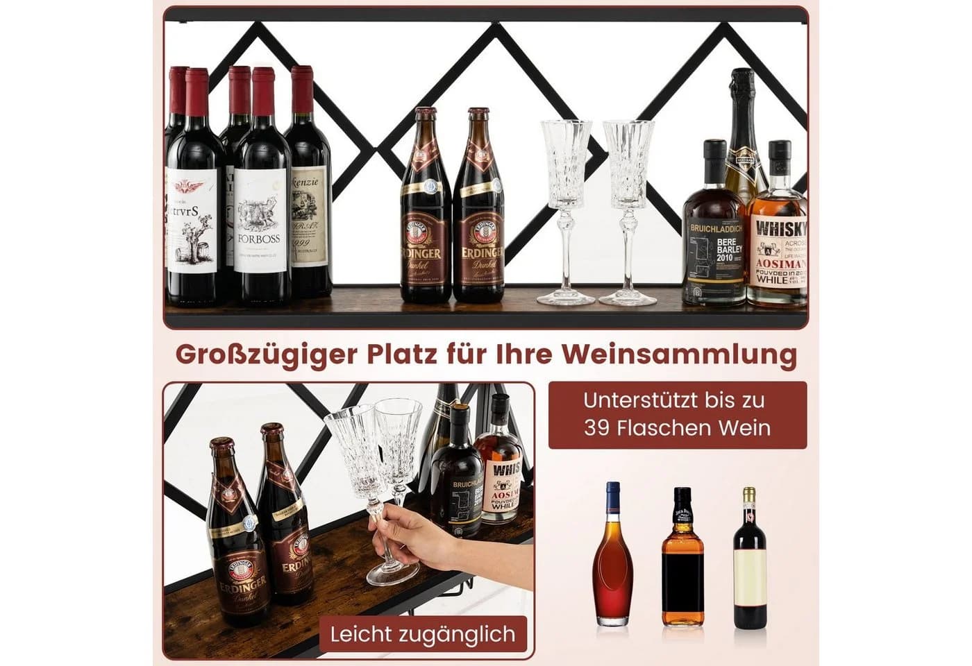 COSTWAY Weinregal Wand 2 Ebenen Metall 39 Flaschen 12 Gläser 100x25x45cm - Bild 4