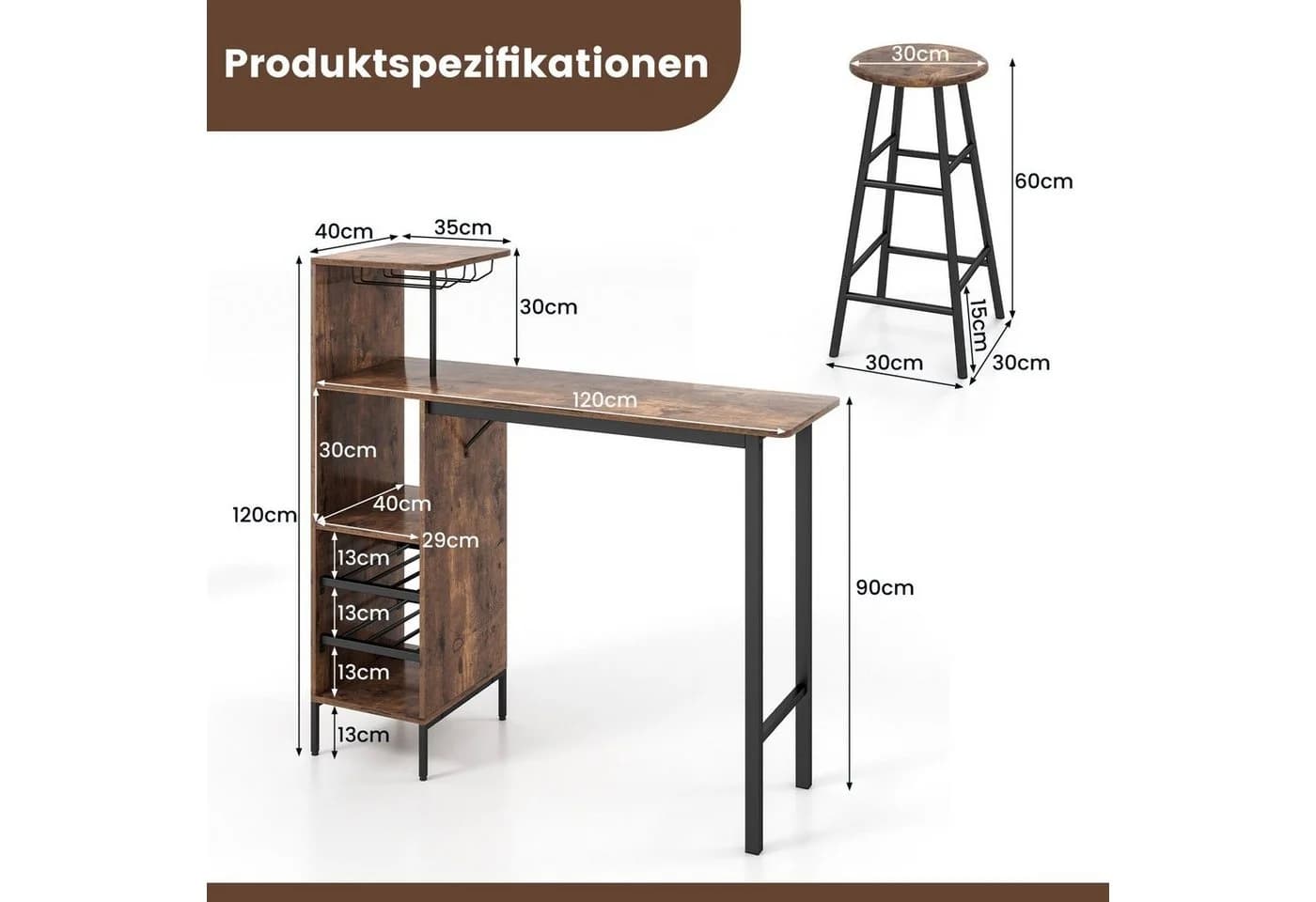 COSTWAY Bartisch-Set 3-tlg. mit Weinregal & Halterungen - Bild 5