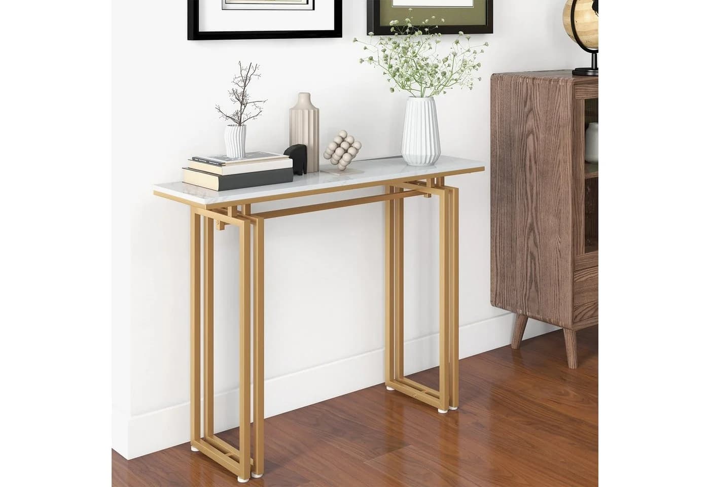 COSTWAY Konsolentisch, Kunstmarmor, schmal, Metallrahmen, 110x30x81cm, gold