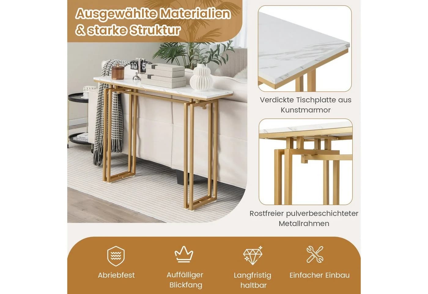 COSTWAY Konsolentisch, Kunstmarmor, schmal, Metallrahmen, 110x30x81cm, gold - Bild 4