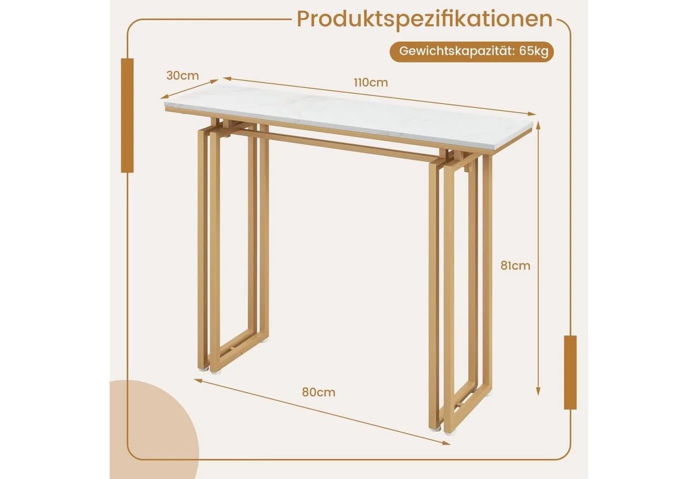COSTWAY Konsolentisch, Kunstmarmor, schmal, Metallrahmen, 110x30x81cm, gold - Bild 5
