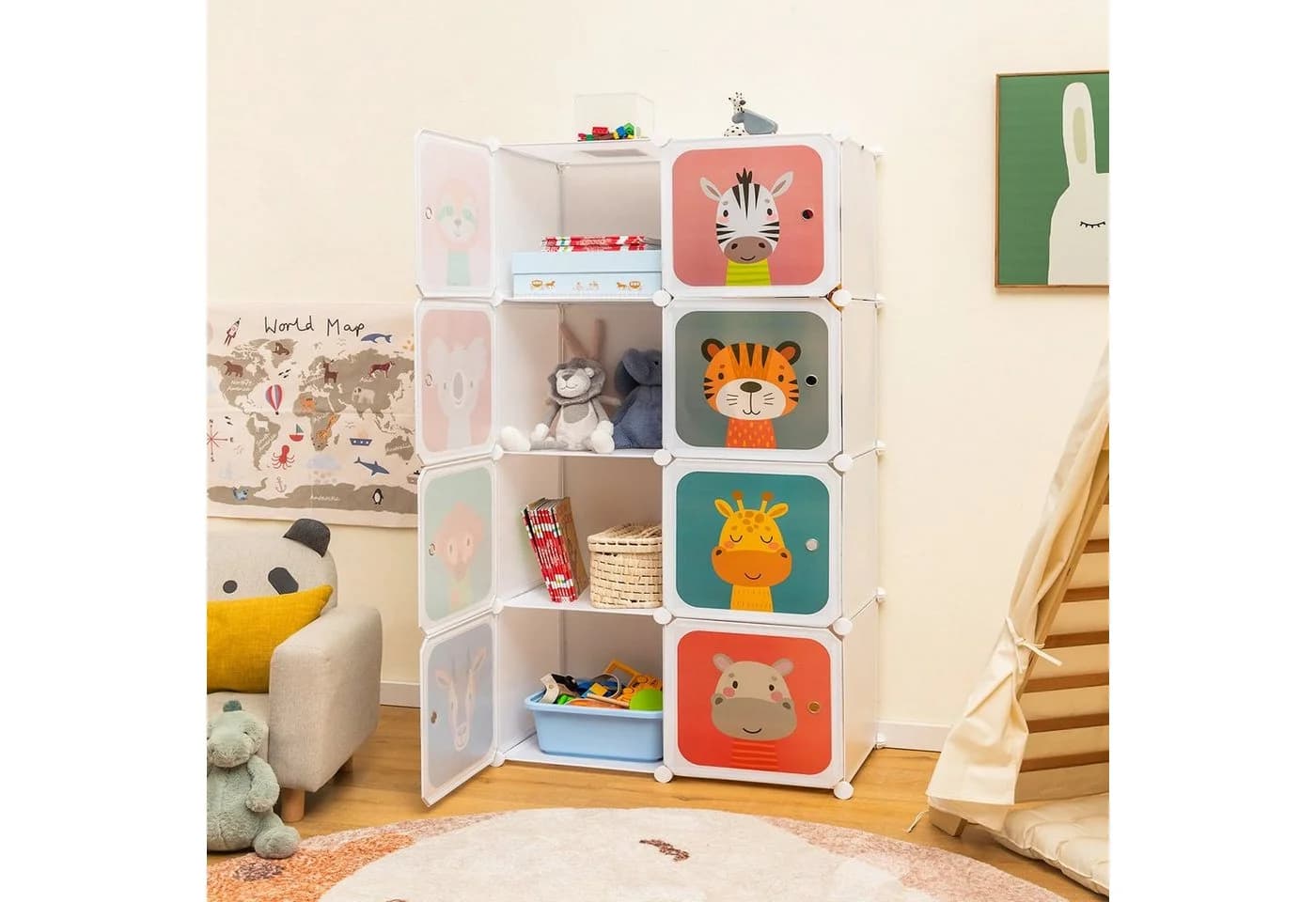 COSTWAY Kinderkleiderschrank mit 8 Würfeln und Kleiderstange Weiß