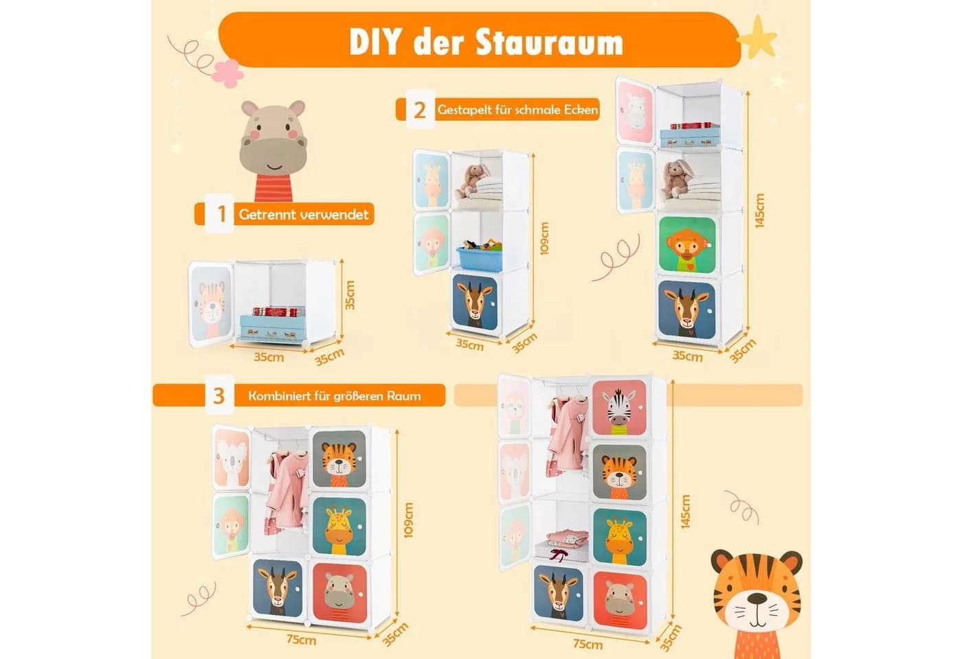 COSTWAY Kinderkleiderschrank mit 8 Würfeln und Kleiderstange Weiß - Bild 4