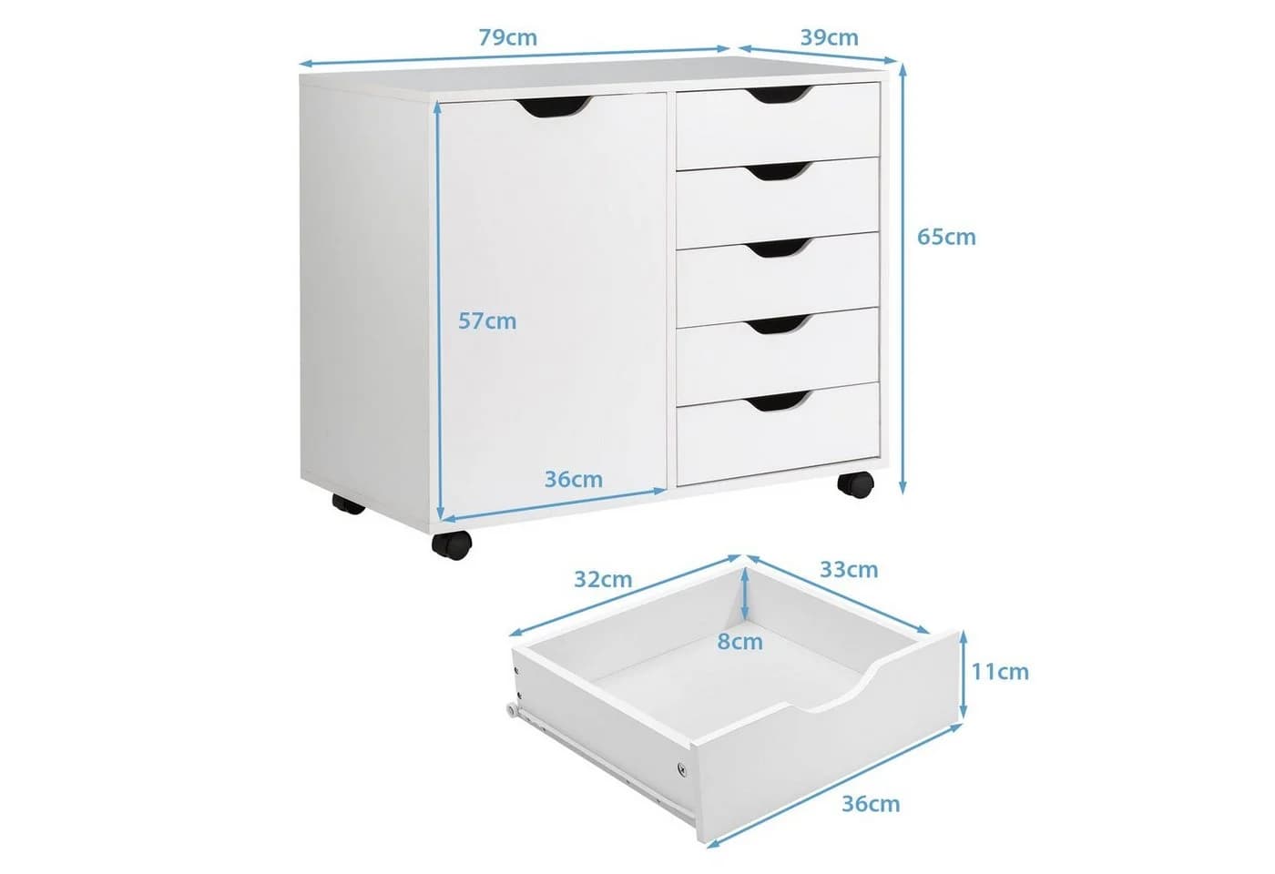 COSTWAY Rollcontainer Aktenschrank 5 Schubladen Weiß - Bild 5
