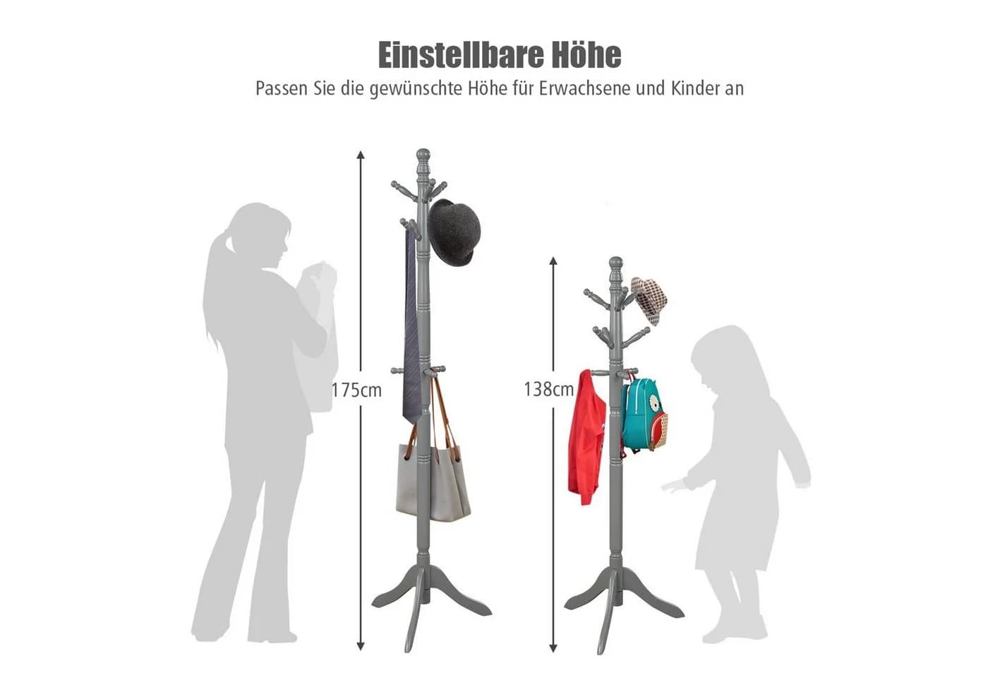 COSTWAY Garderobenständer 9 Haken Grau Holz 175cm - Bild 5