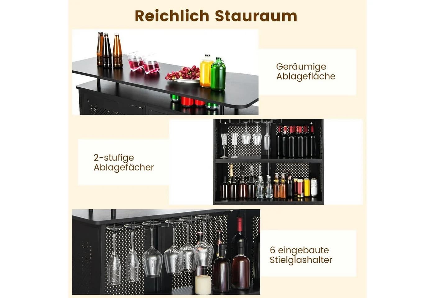 COSTWAY Bartisch Küche mit Stauraum & Fußstütze 120x50x106,5cm Schwarz - Bild 3