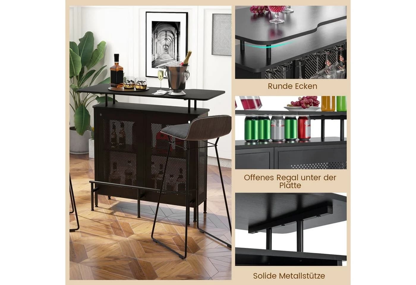 COSTWAY Bartisch Küche mit Stauraum & Fußstütze 120x50x106,5cm Schwarz - Bild 4