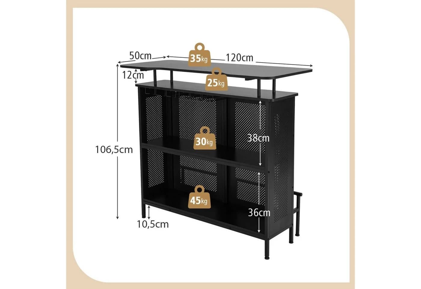 COSTWAY Bartisch Küche mit Stauraum & Fußstütze 120x50x106,5cm Schwarz - Bild 5