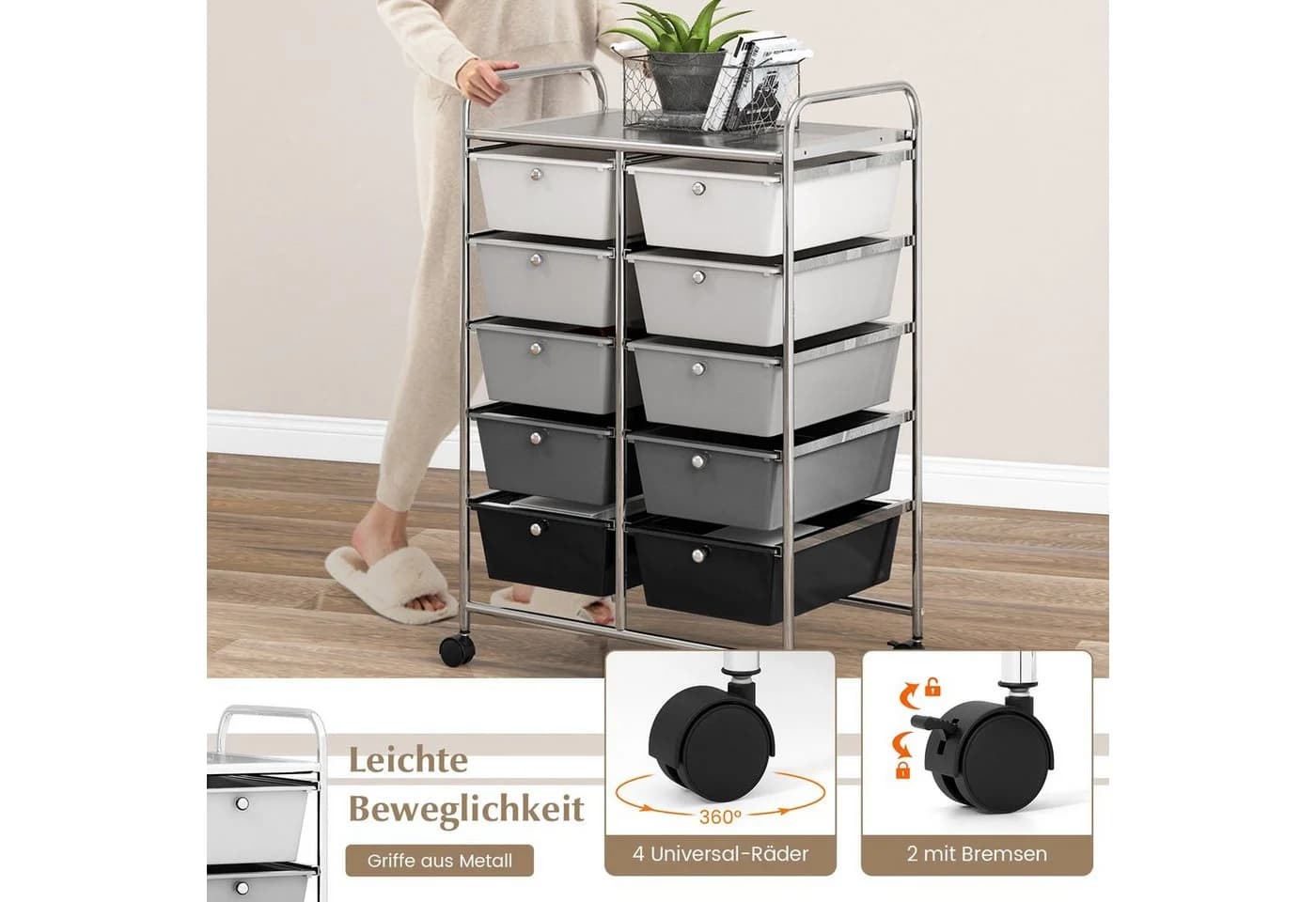 COSTWAY Rollwagen 10 Schubladen Metall Schwarz/Weiß