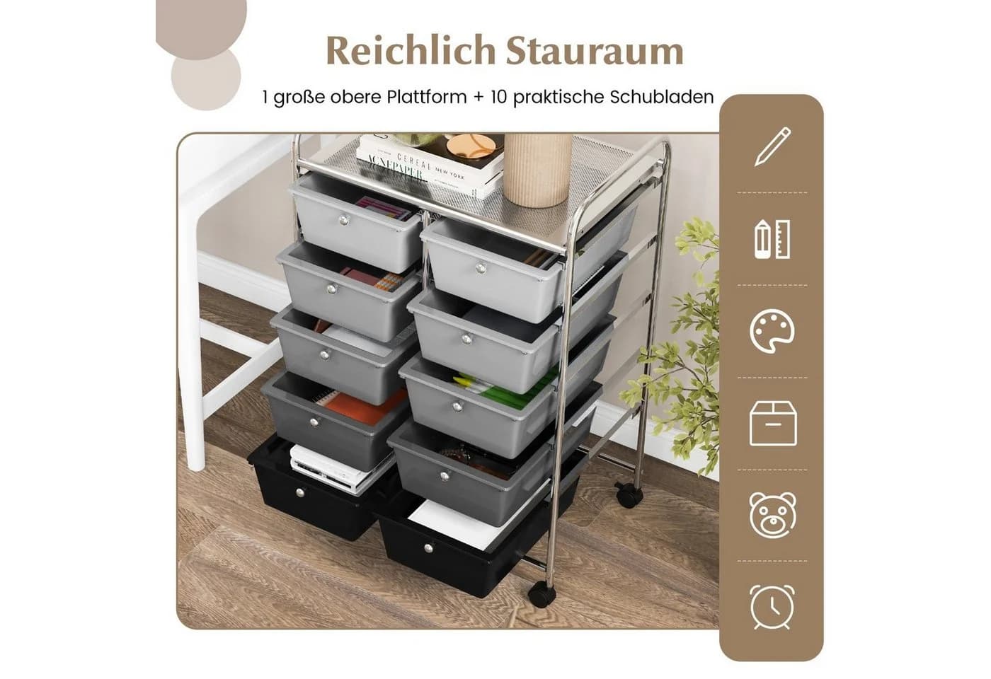 COSTWAY Rollwagen 10 Schubladen Metall Schwarz/Weiß - Bild 3