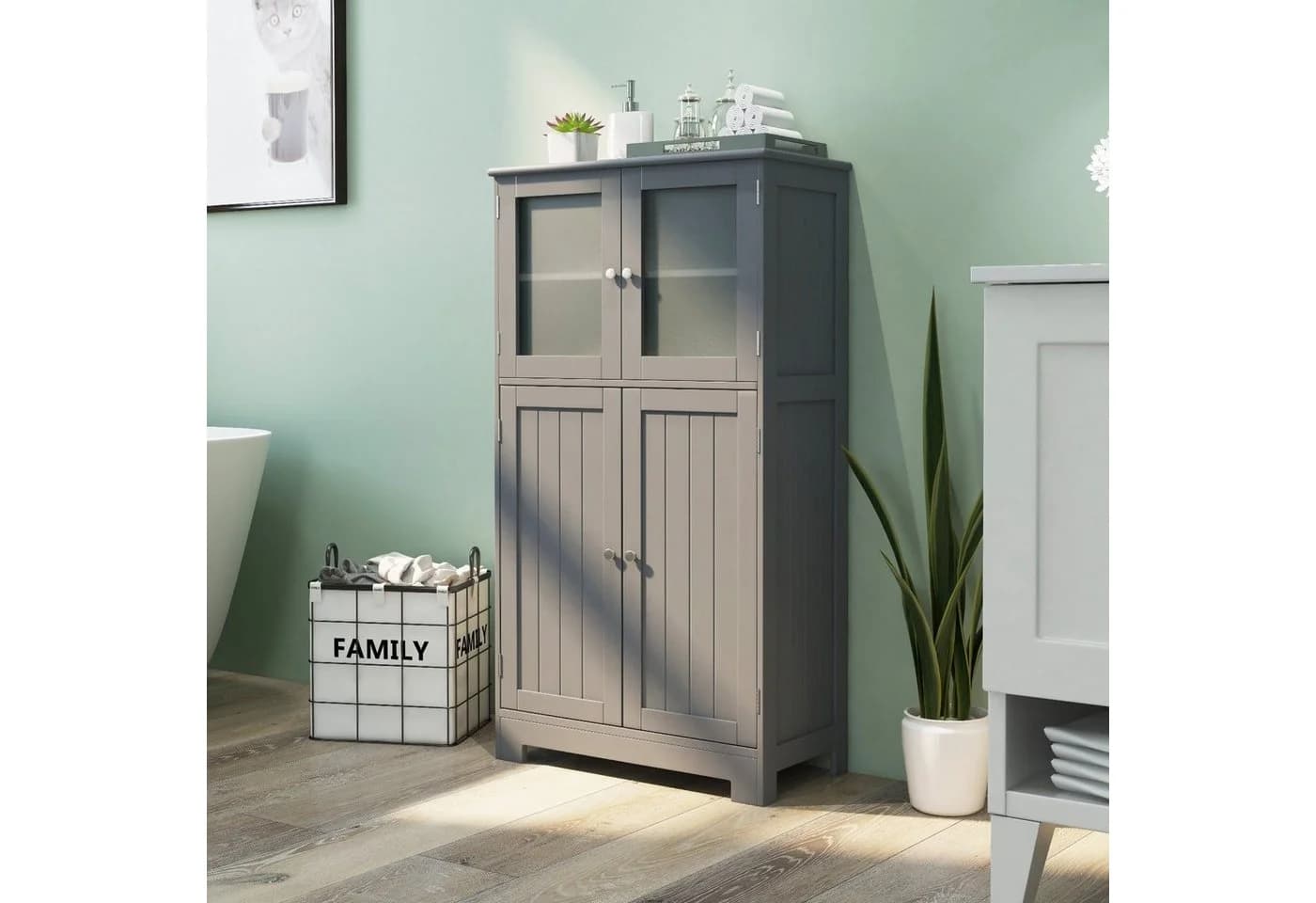 COSTWAY Mehrzweckschrank 4-türig mit verstellbarem Regal Weiß/Grau