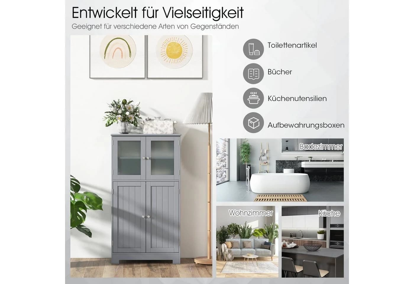 COSTWAY Mehrzweckschrank 4-türig mit verstellbarem Regal Weiß/Grau - Bild 4