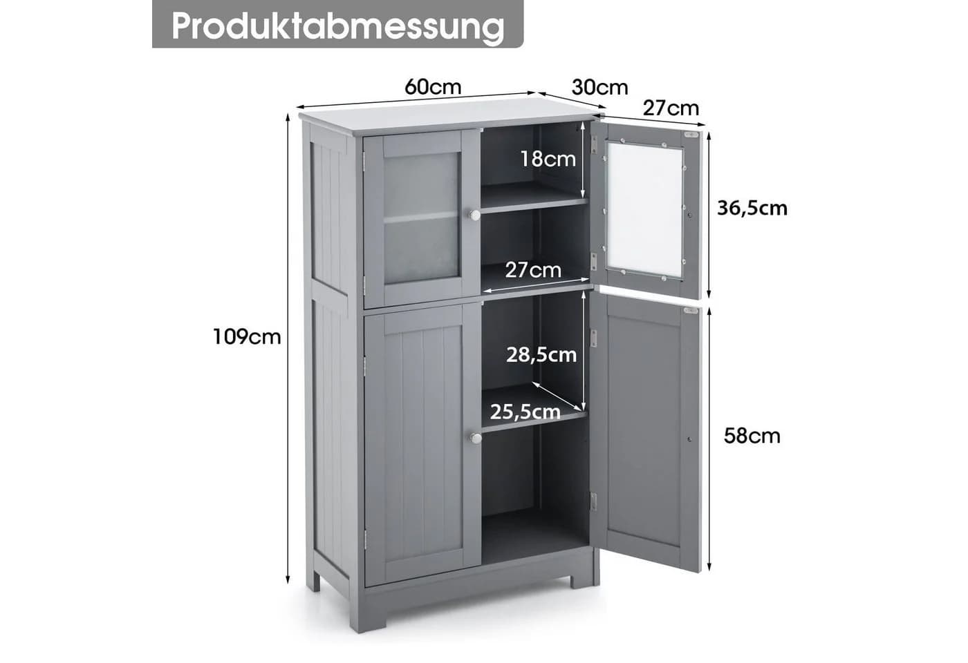 COSTWAY Mehrzweckschrank 4-türig mit verstellbarem Regal Weiß/Grau - Bild 5