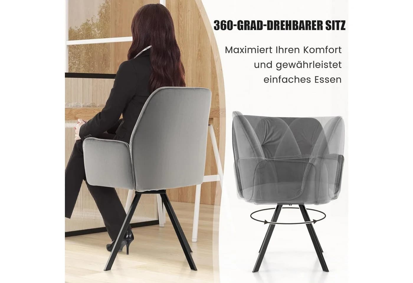 COSTWAY Drehstuhl (2er Set) Grau Samt mit Armlehne 360° drehbar Metall 150kg