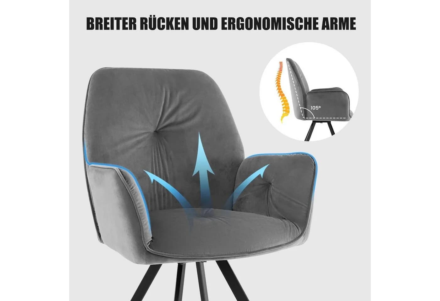 COSTWAY Drehstuhl (2er Set) Grau Samt mit Armlehne 360° drehbar Metall 150kg - Bild 3