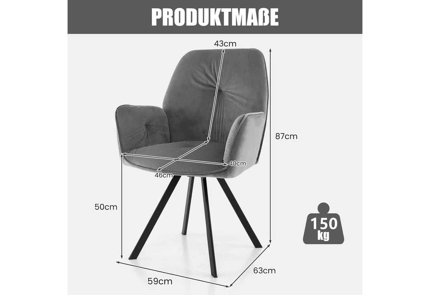 COSTWAY Drehstuhl (2er Set) Grau Samt mit Armlehne 360° drehbar Metall 150kg - Bild 5