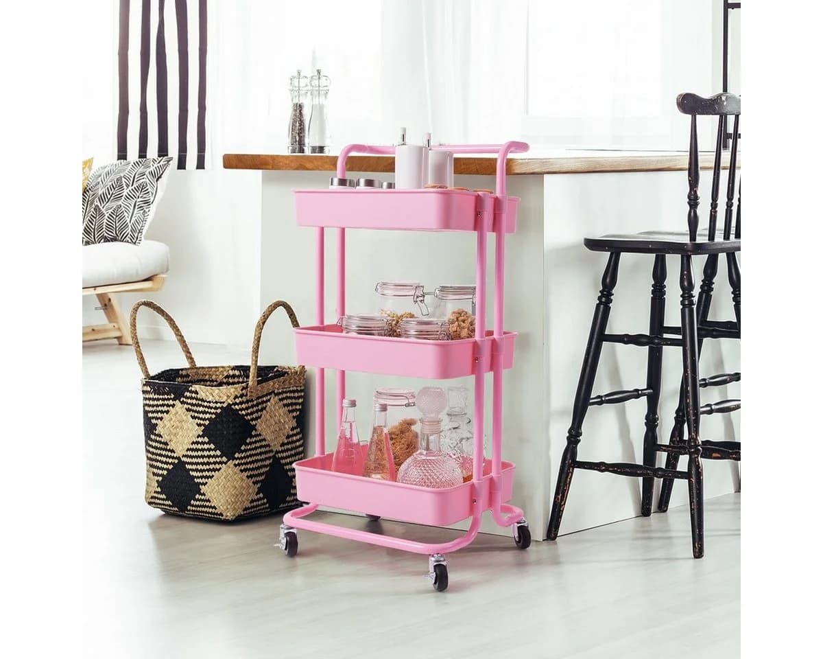COSTWAY Servierwagen Küchenwagen 3 Regale Metallrahmen Rosa