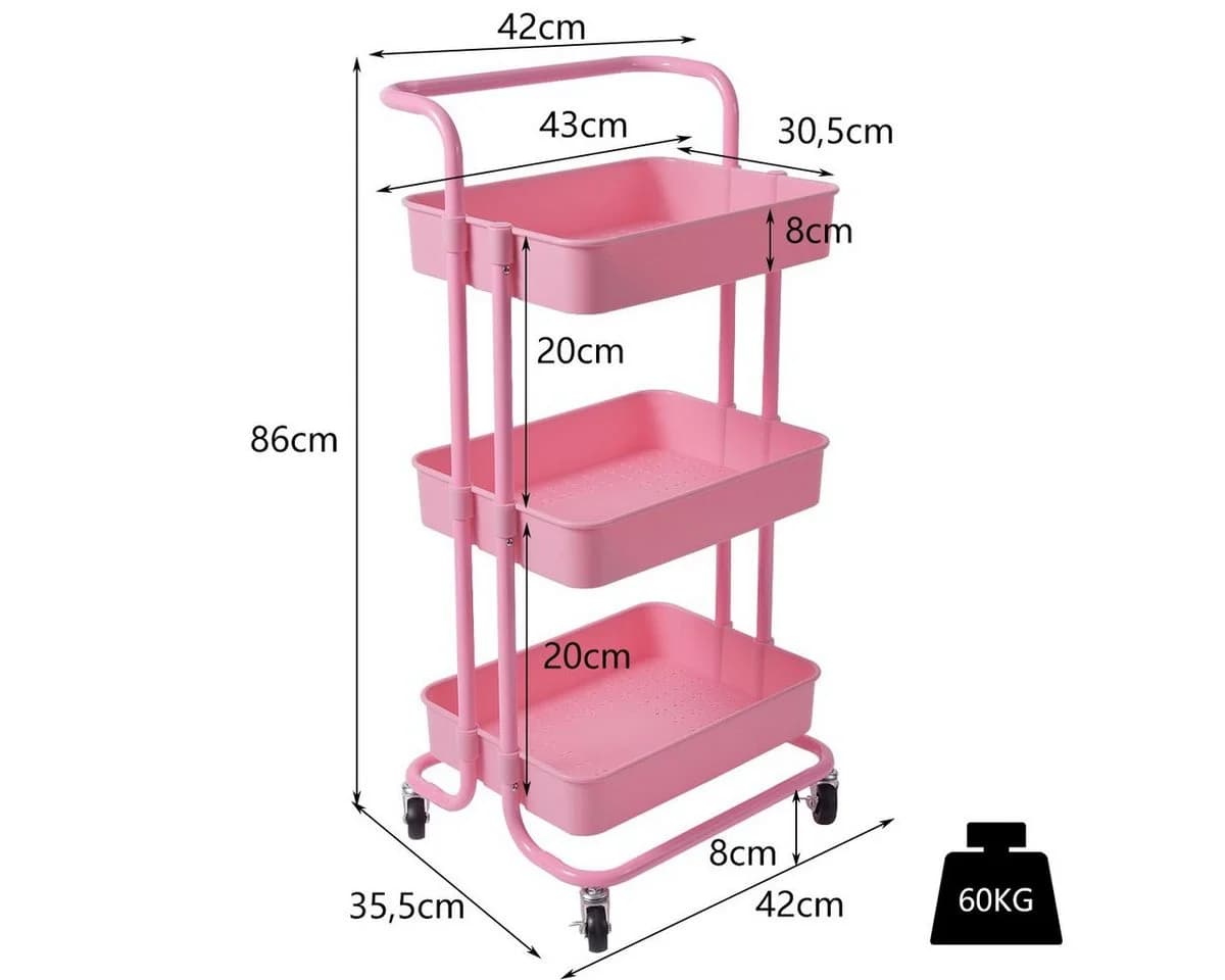 COSTWAY Servierwagen Küchenwagen 3 Regale Metallrahmen Rosa - Bild 5