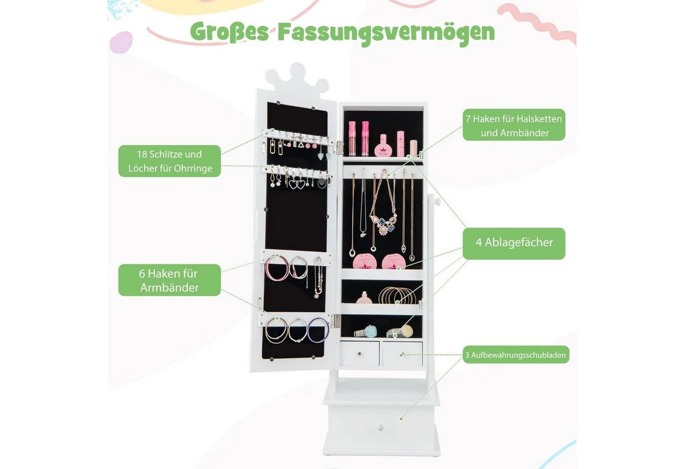 COSTWAY Schmuckschrank Kinder Spiegelschrank 3 Schubladen Weiß