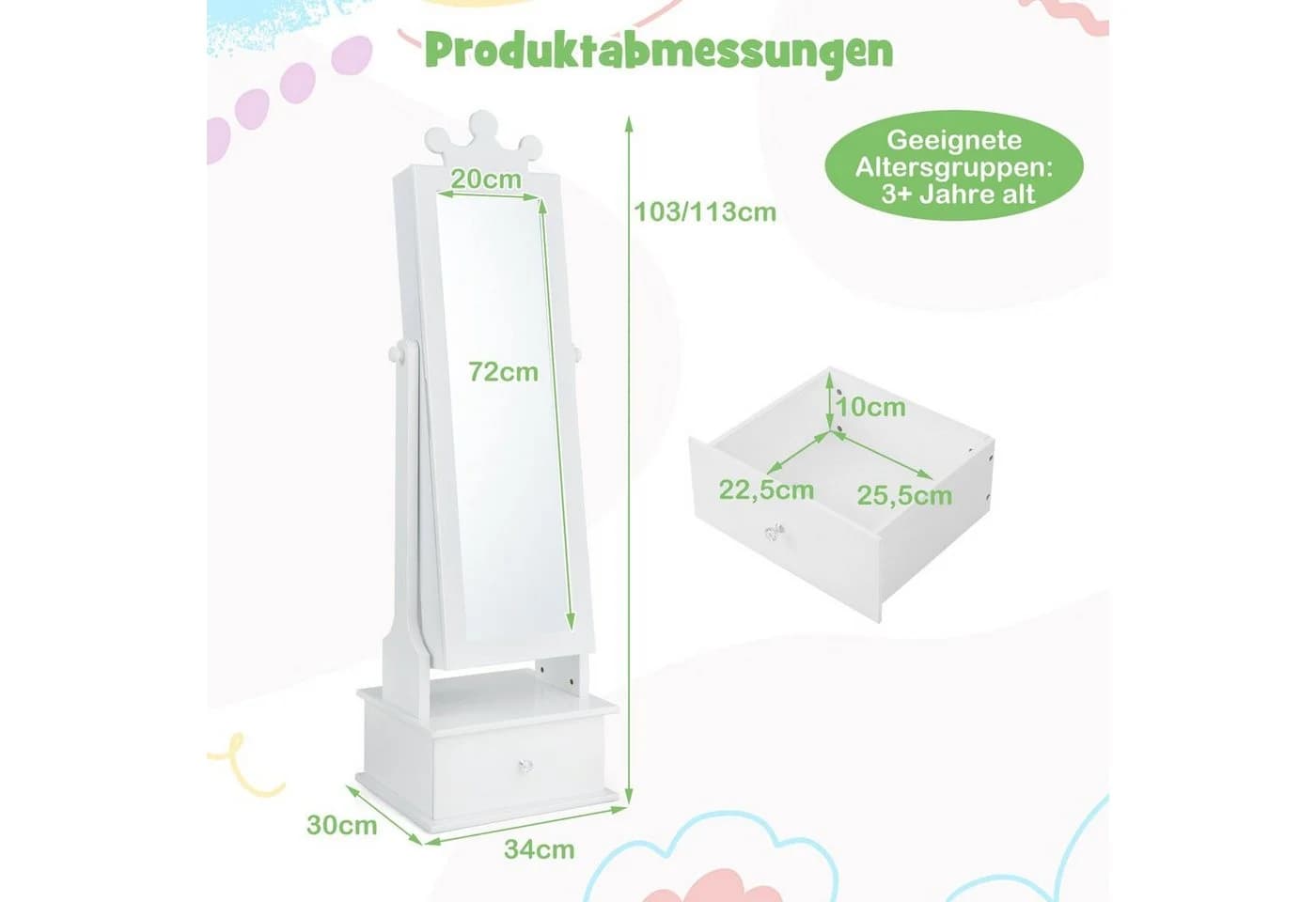 COSTWAY Schmuckschrank Kinder Spiegelschrank 3 Schubladen Weiß - Bild 5