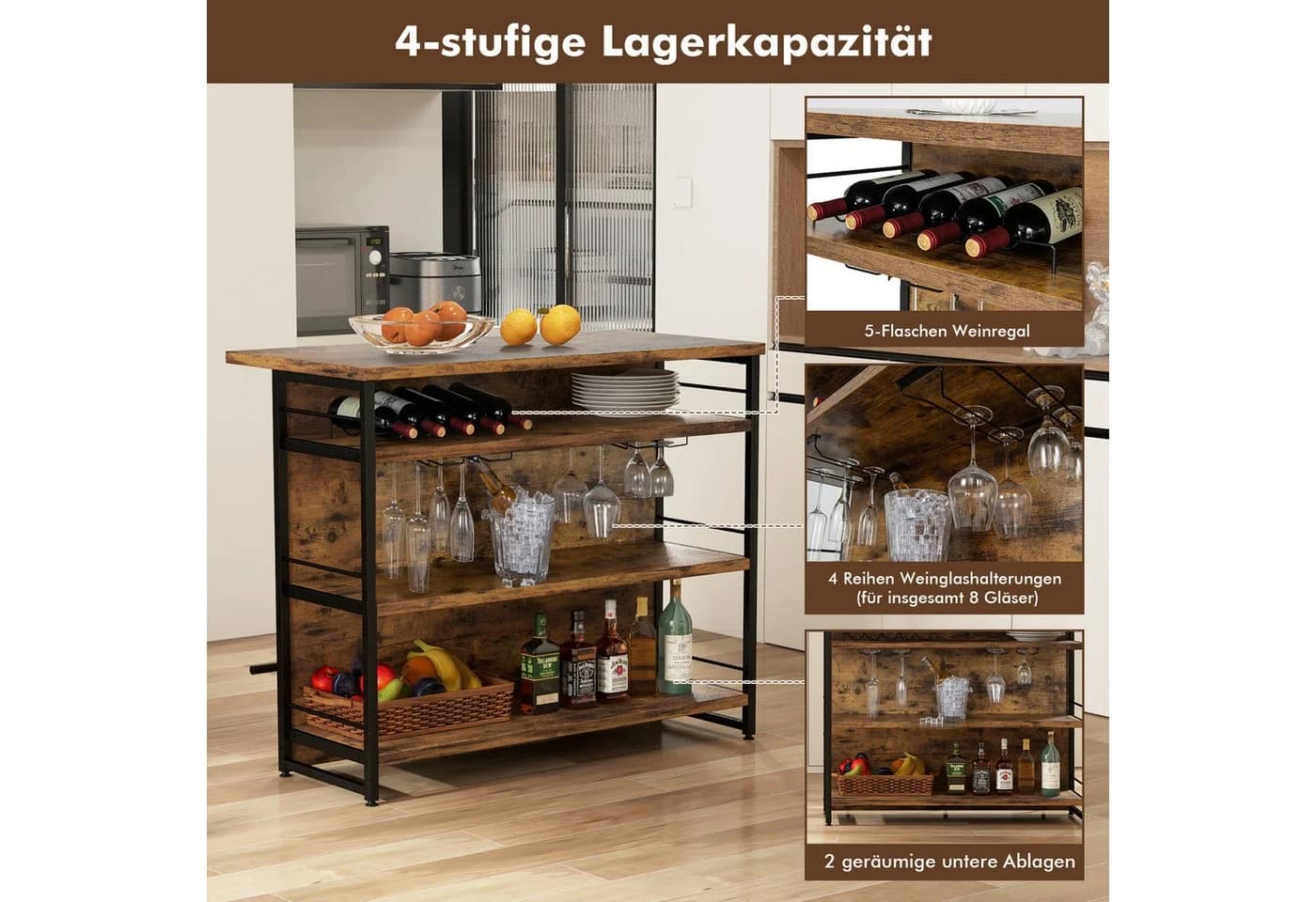 COSTWAY Bartisch Küchenregal Braun Metall MDF - Bild 4