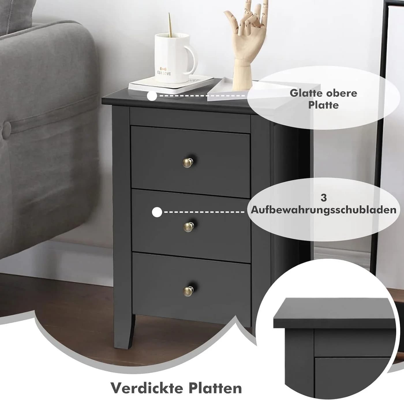 KOMFOTTEU Nachttisch 2er Set 3 Schubladen Schwarz - Bild 3