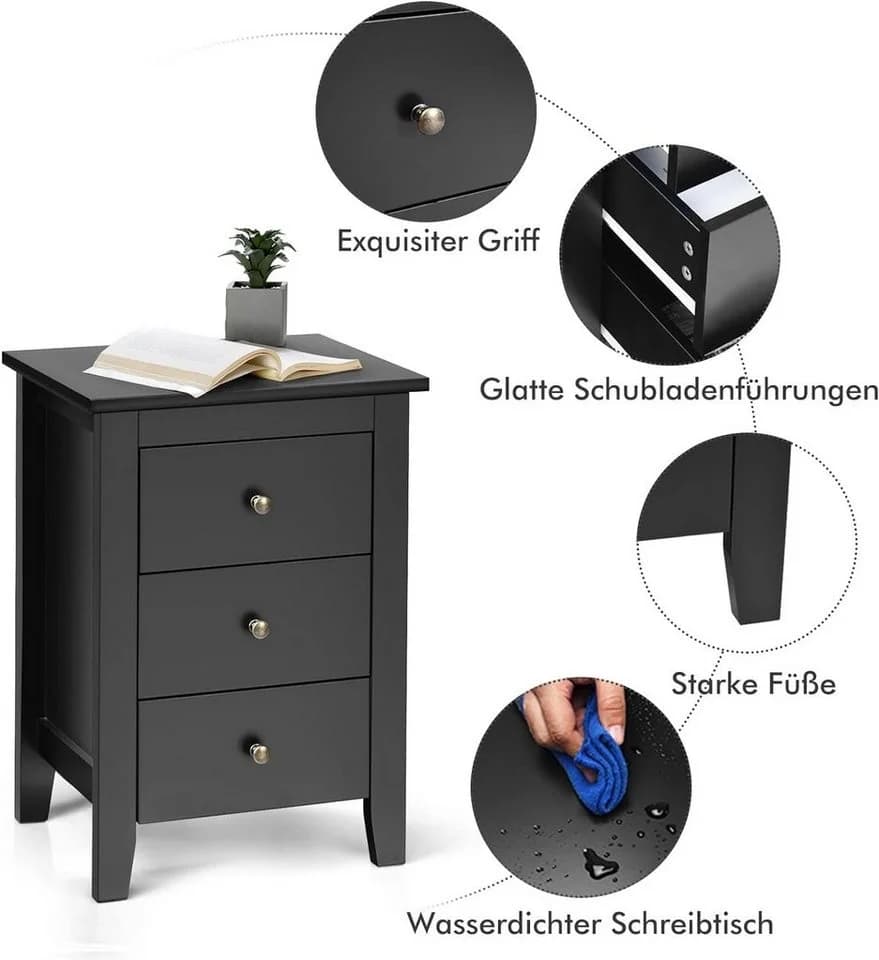 KOMFOTTEU Nachttisch 2er Set 3 Schubladen Schwarz - Bild 4