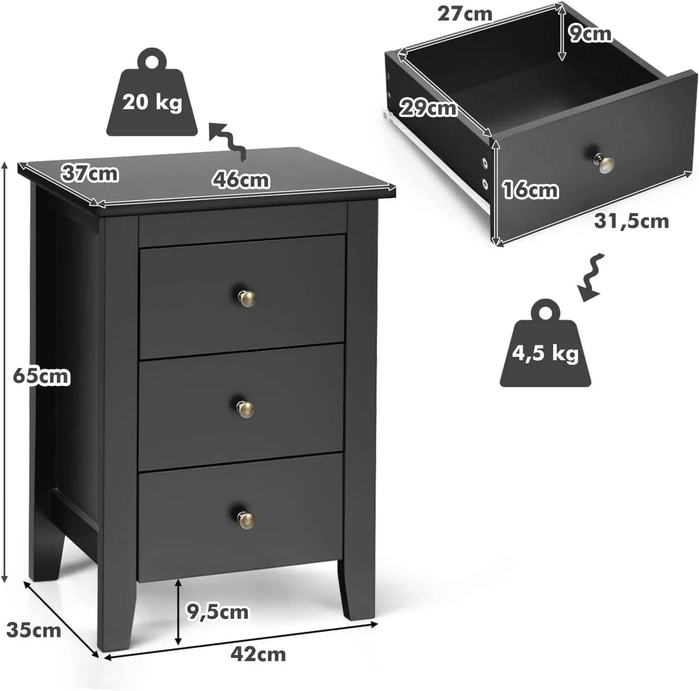 KOMFOTTEU Nachttisch 2er Set 3 Schubladen Schwarz - Bild 5